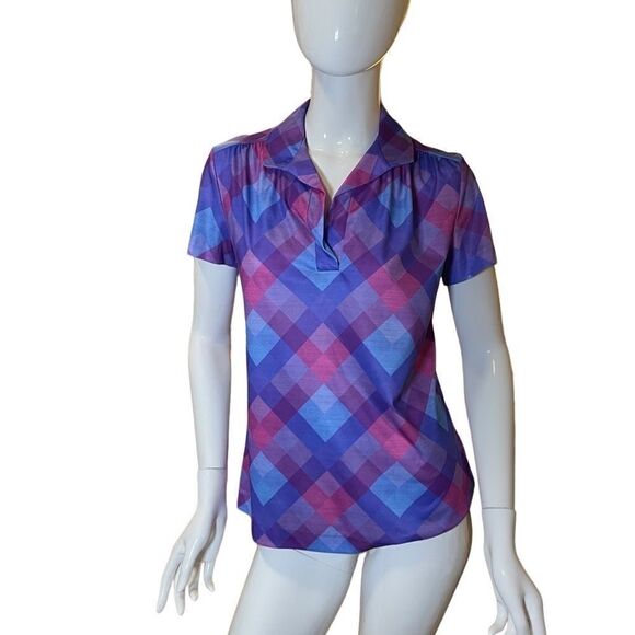 Vintage 70s Argyle Plaid Short Sleeve Blouse Medium Magenta, Bubblegum Pink - Picture 7 of 15